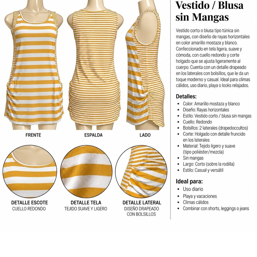 Blusa tipo túnica sin mangas en color mostaza, con diseño de rayas horizontales